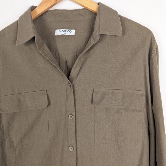Semaro Olive Green Button Down‎ Cotton Linen Blend Blouse Size XL - Picture 2 of 8